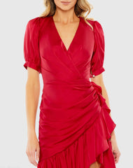 Red Short Puff Sleeve Faux Wrap Mini Dress