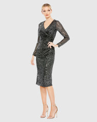 Black and Silver Sequined Faux Wrap V Neck Long Sleeve Midi Dress