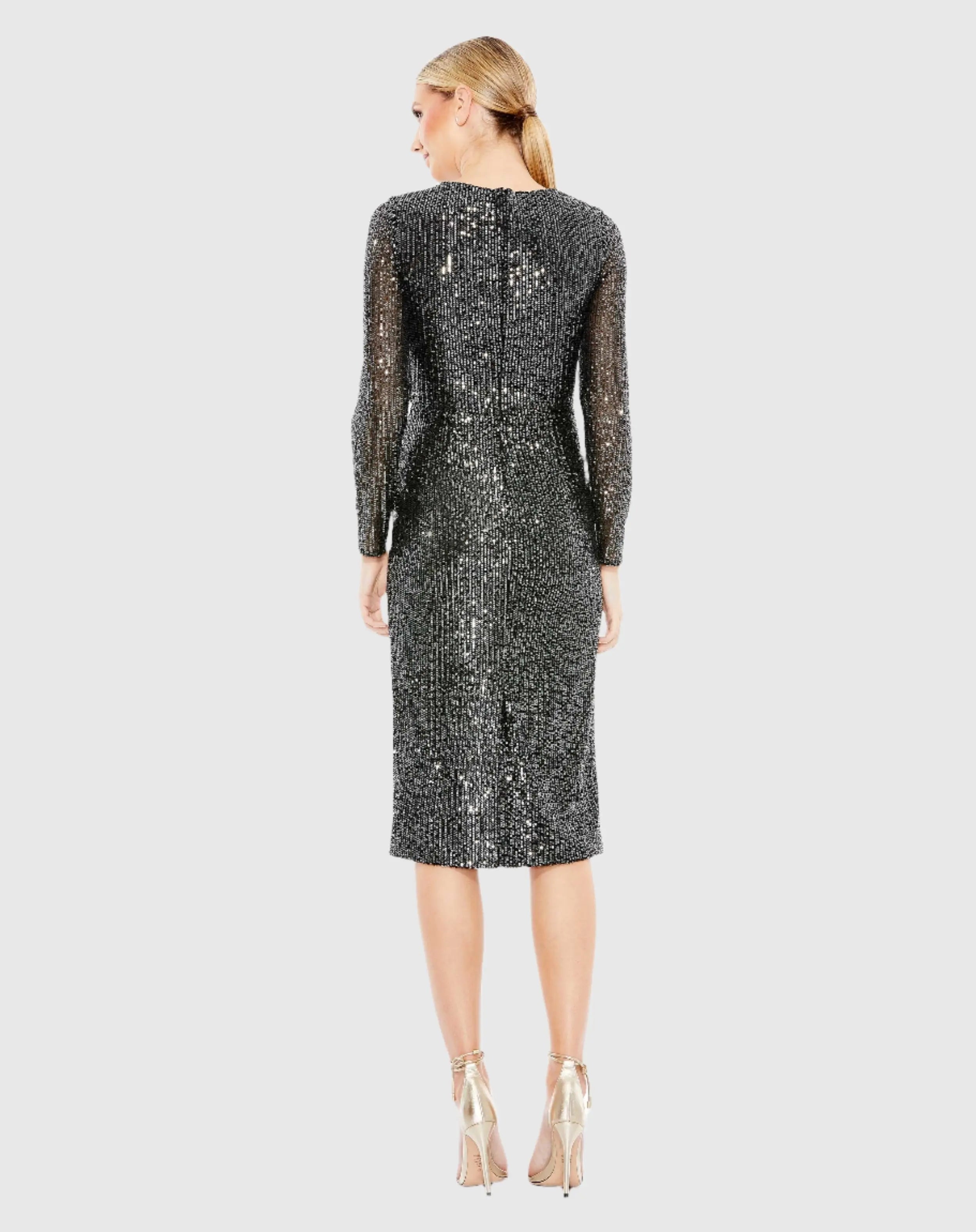 Black and Silver Sequined Faux Wrap V Neck Long Sleeve Midi Dress