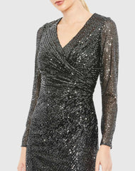 Black and Silver Sequined Faux Wrap V Neck Long Sleeve Midi Dress