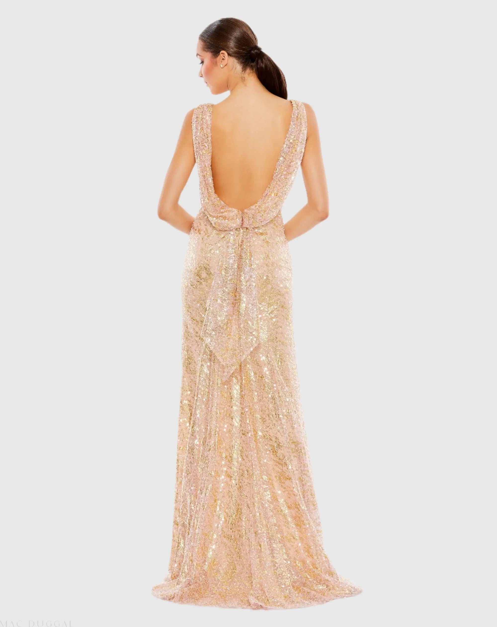 Pink Metallic Sequin Boat Neck Trumpet Gown with Cowl Back