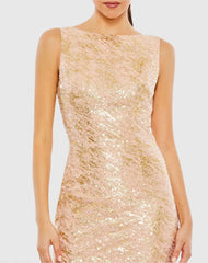 Pink Metallic Sequin Boat Neck Trumpet Gown with Cowl Back