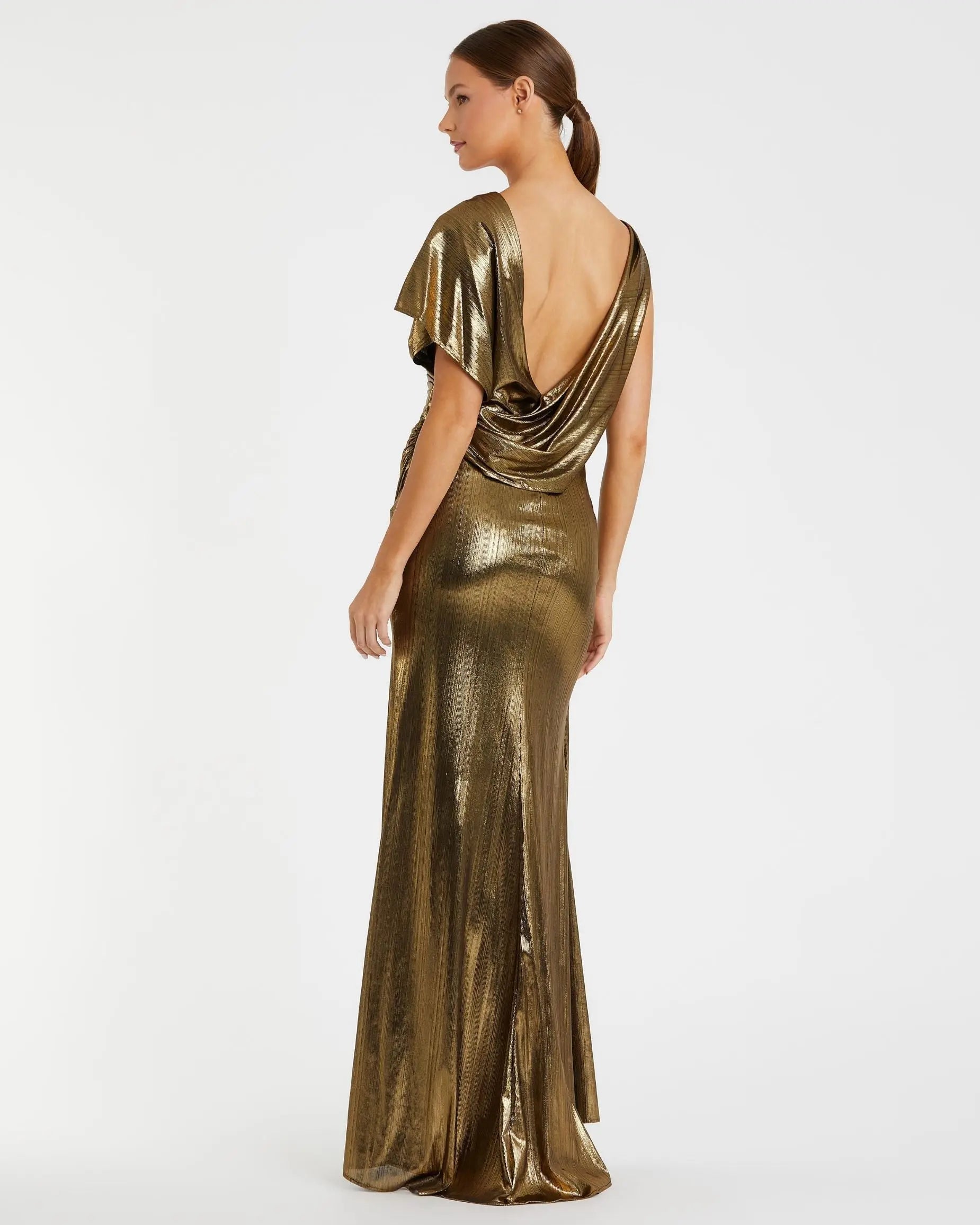 Gold Asymmetrical Draped Metallic Trumpet Gown