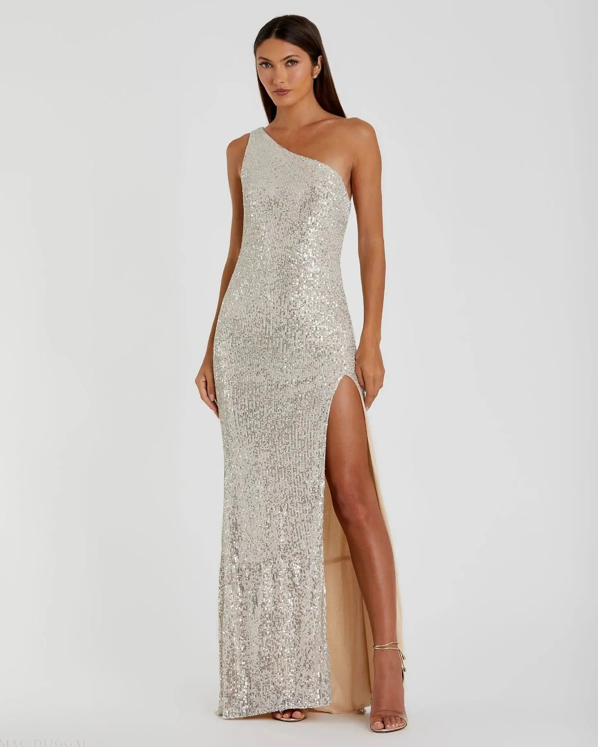 Silver Sequined One Shoulder Draped Back Gown