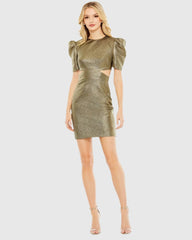 Gold Metallic Puff Sleeve Cut Out Mini Dress