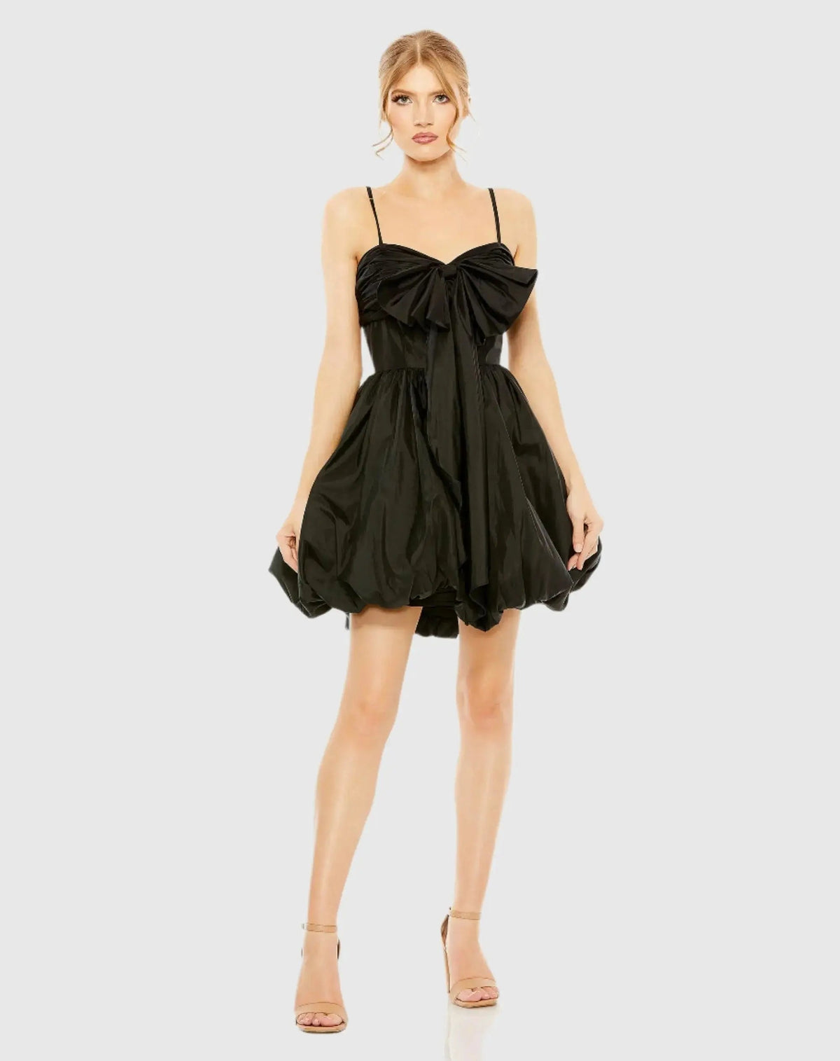 Black Spaghetti Strap Center Bow Balloon Mini Dress