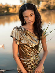 Gold One Shoulder Flutter Sleeve High Low Dress - FINAL SALE