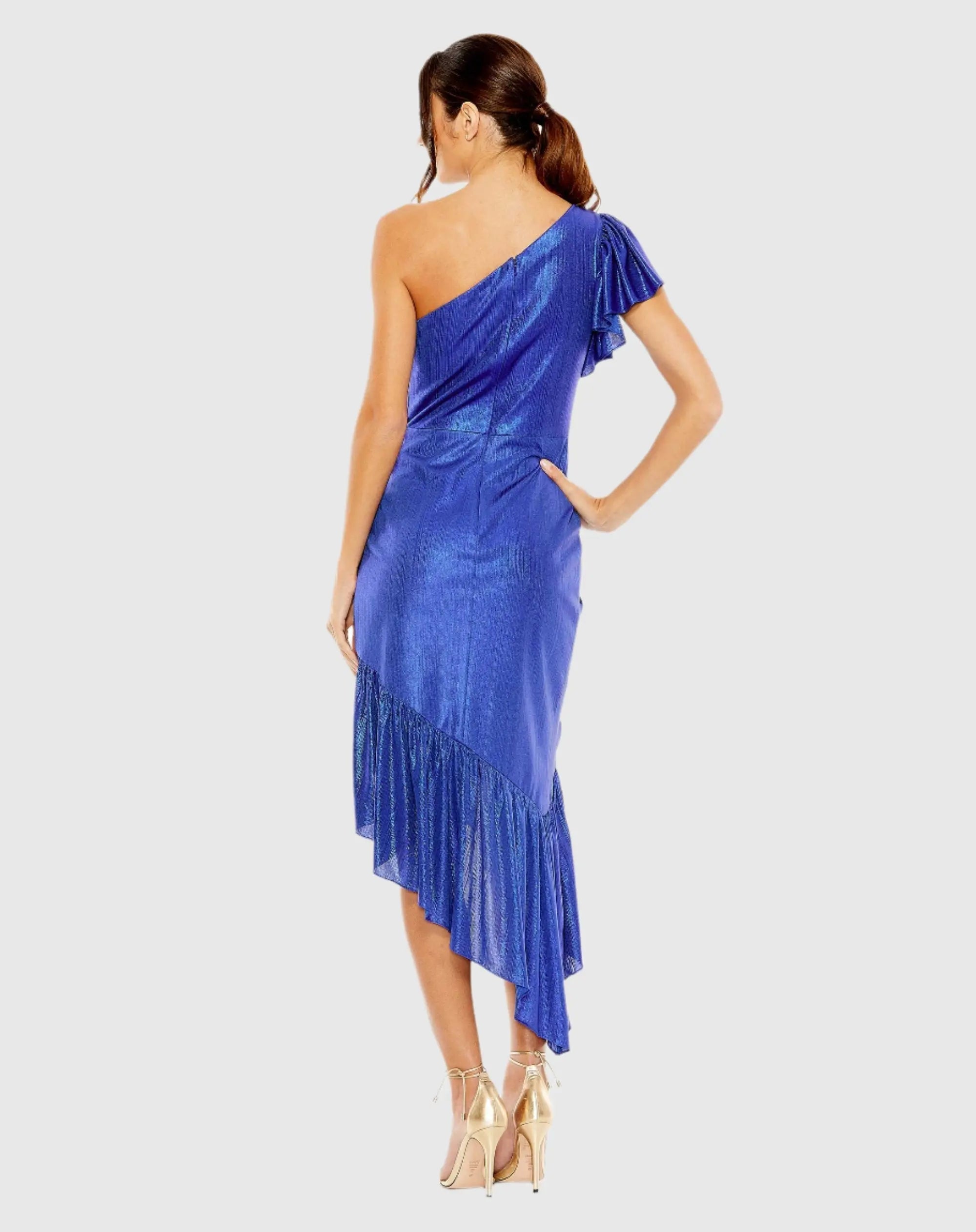 Blue One Shoulder Flutter Sleeve High Low Dress