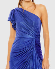 Blue One Shoulder Flutter Sleeve High Low Dress