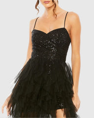 Black Sequin A-Line Dress with High-Low Ruffle Skirt