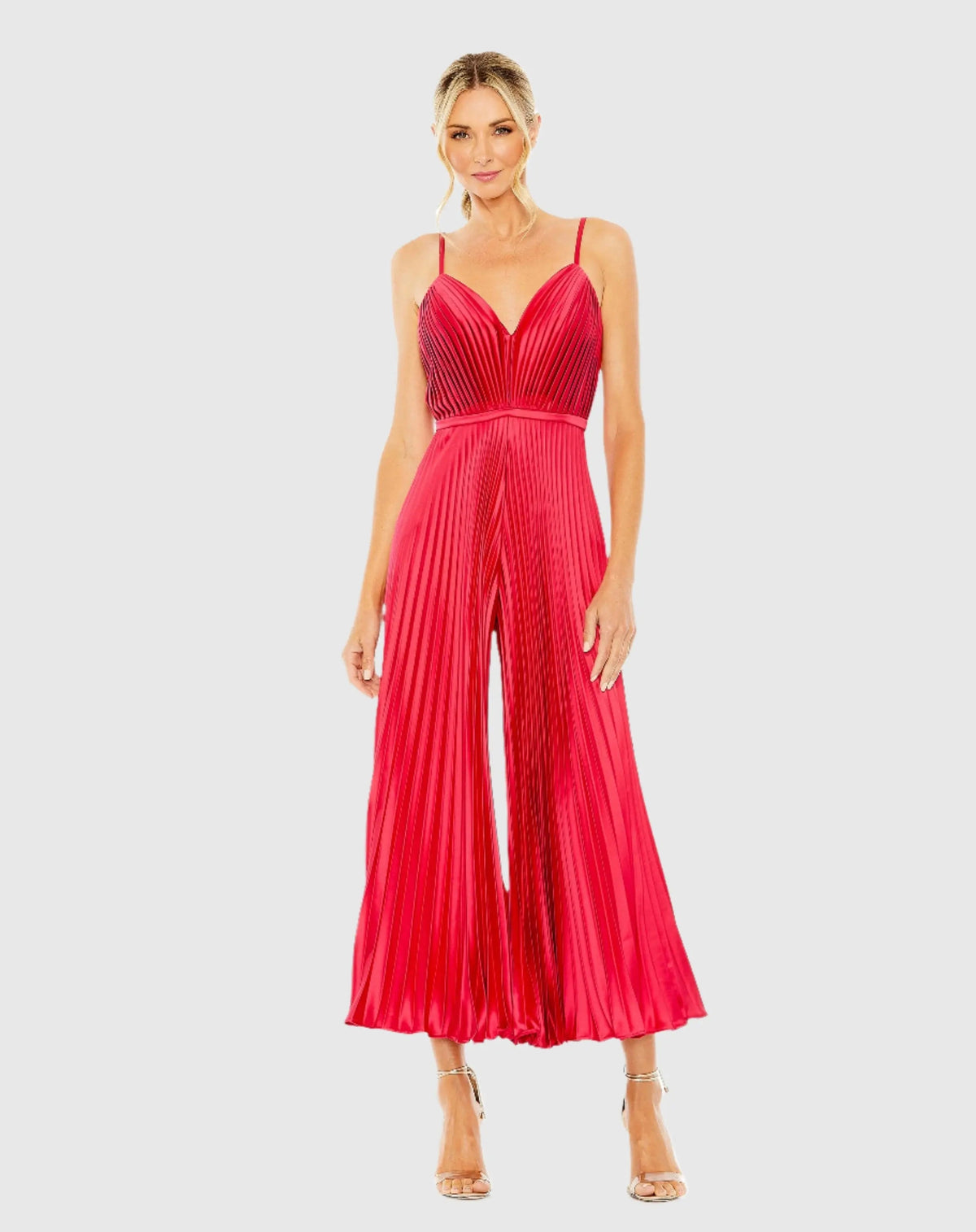Red Cropped Pleated V-Neck Wide Leg Jumpsuit