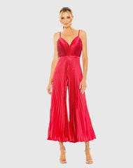 Red Cropped Pleated V-Neck Wide Leg Jumpsuit