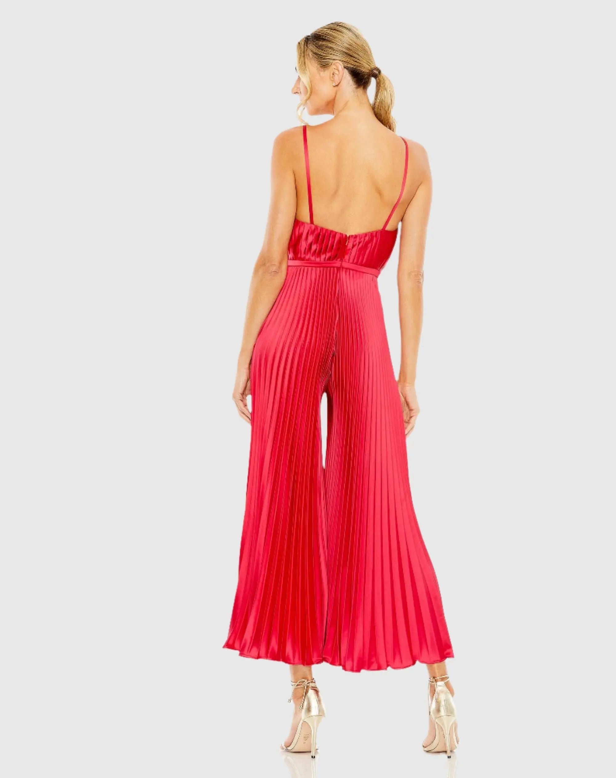 Red Cropped Pleated V-Neck Wide Leg Jumpsuit