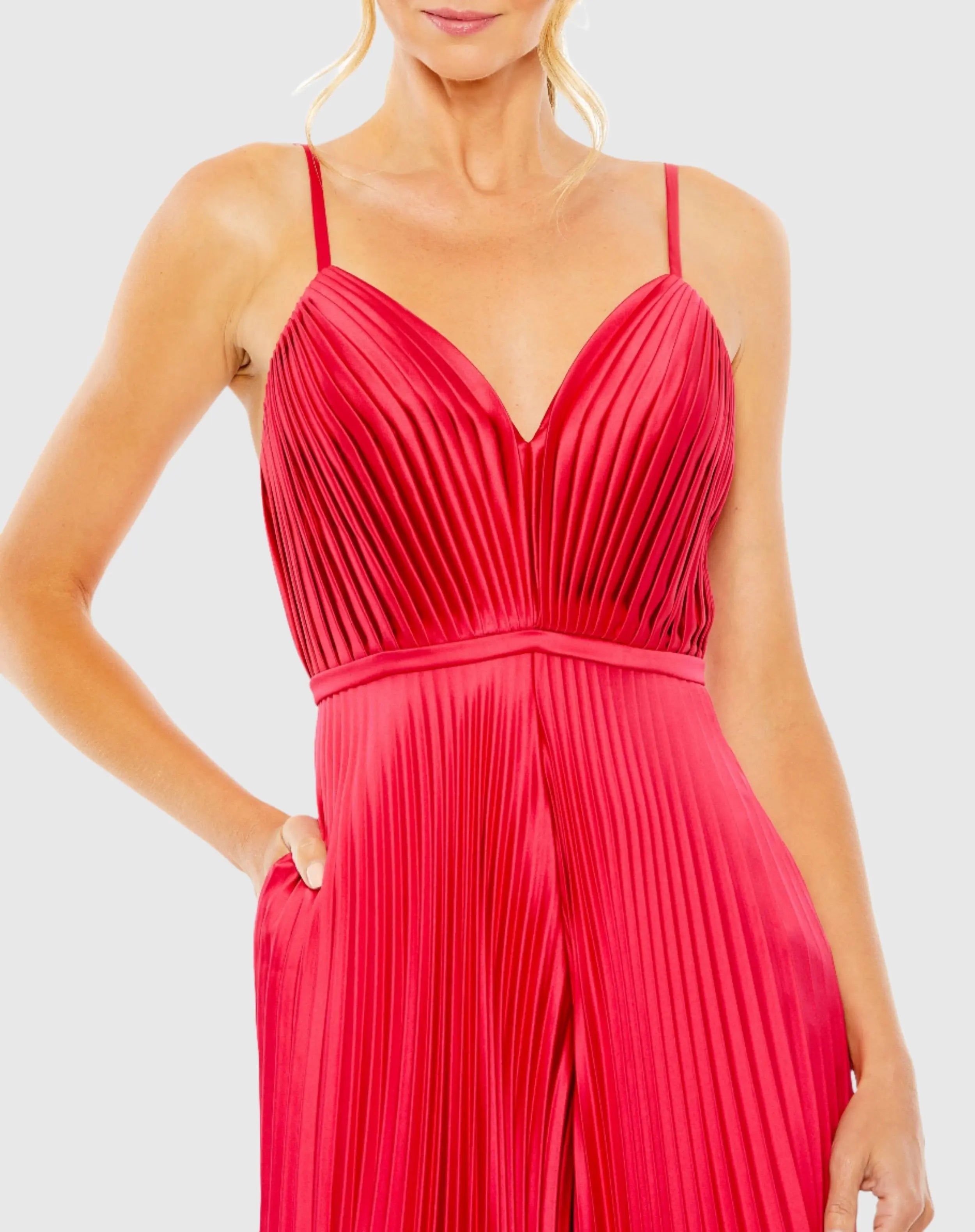 Red Cropped Pleated V-Neck Wide Leg Jumpsuit