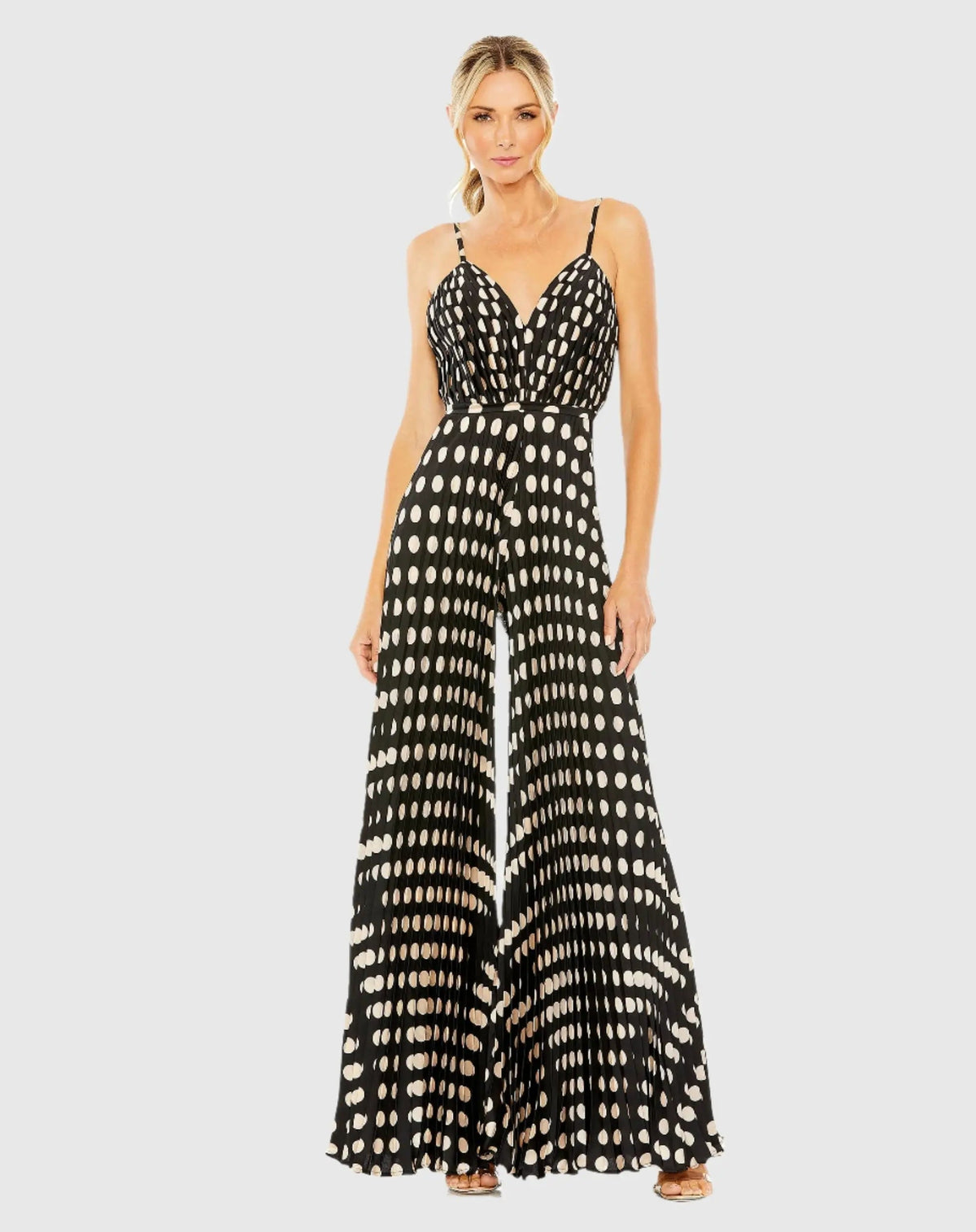 Black Pleated Charmeuse Polka Dot V-Neck Jumpsuit