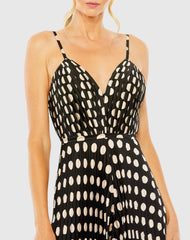 Black Pleated Charmeuse Polka Dot V-Neck Jumpsuit