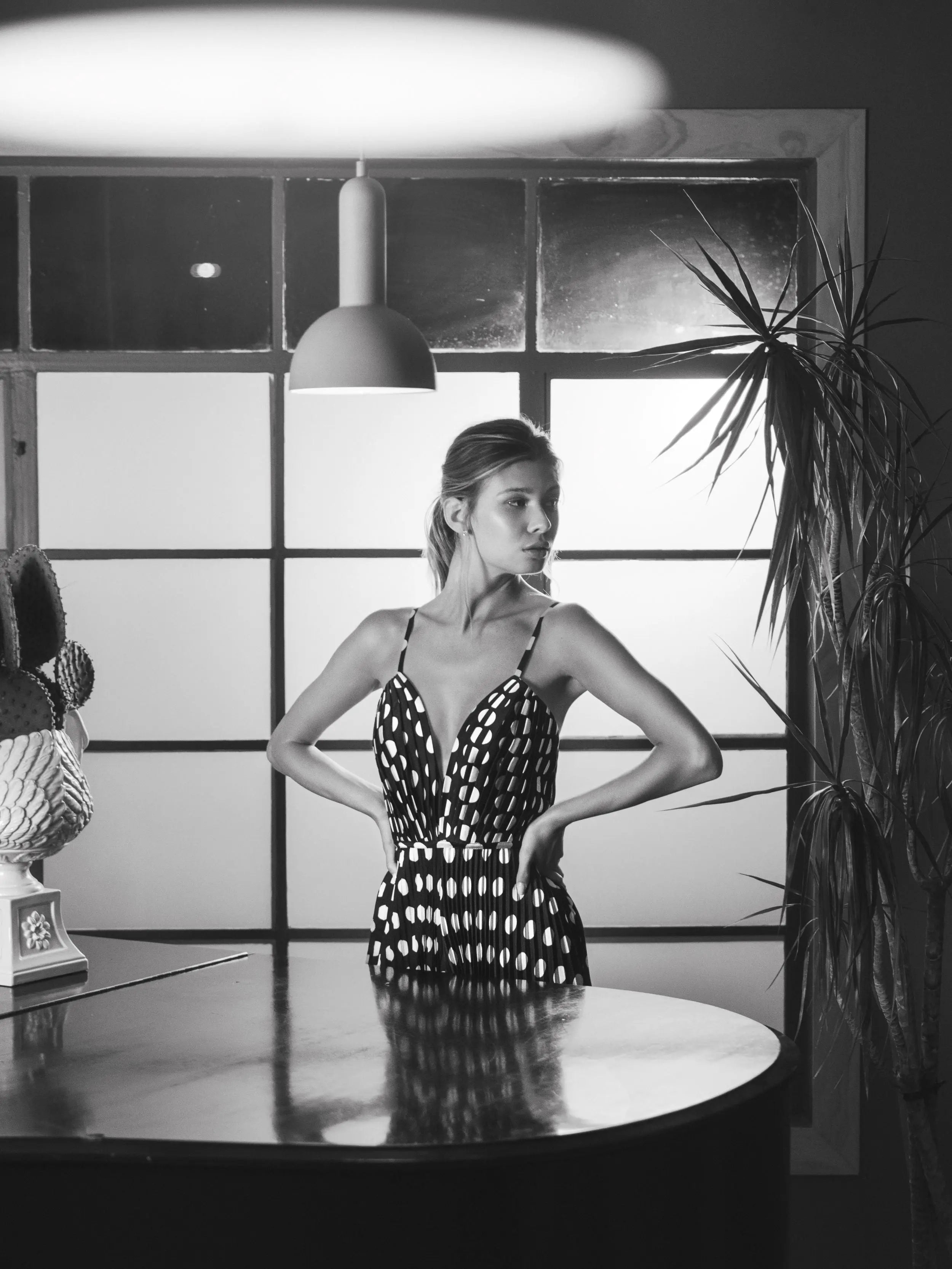 Black Pleated Charmeuse Polka Dot V-Neck Jumpsuit