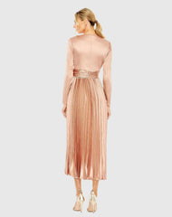 Pink Pleated Long Sleeve V-Neck Dress