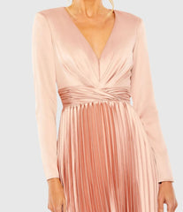 Pink Pleated Long Sleeve V-Neck Dress