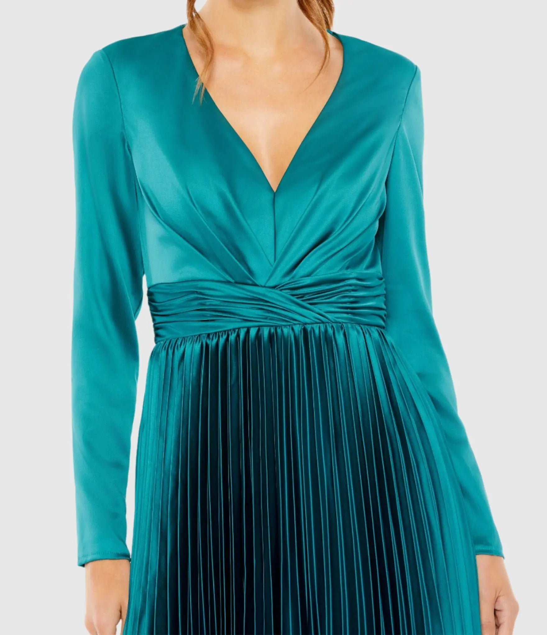 Blue Pleated Long Sleeve V-Neck Dress