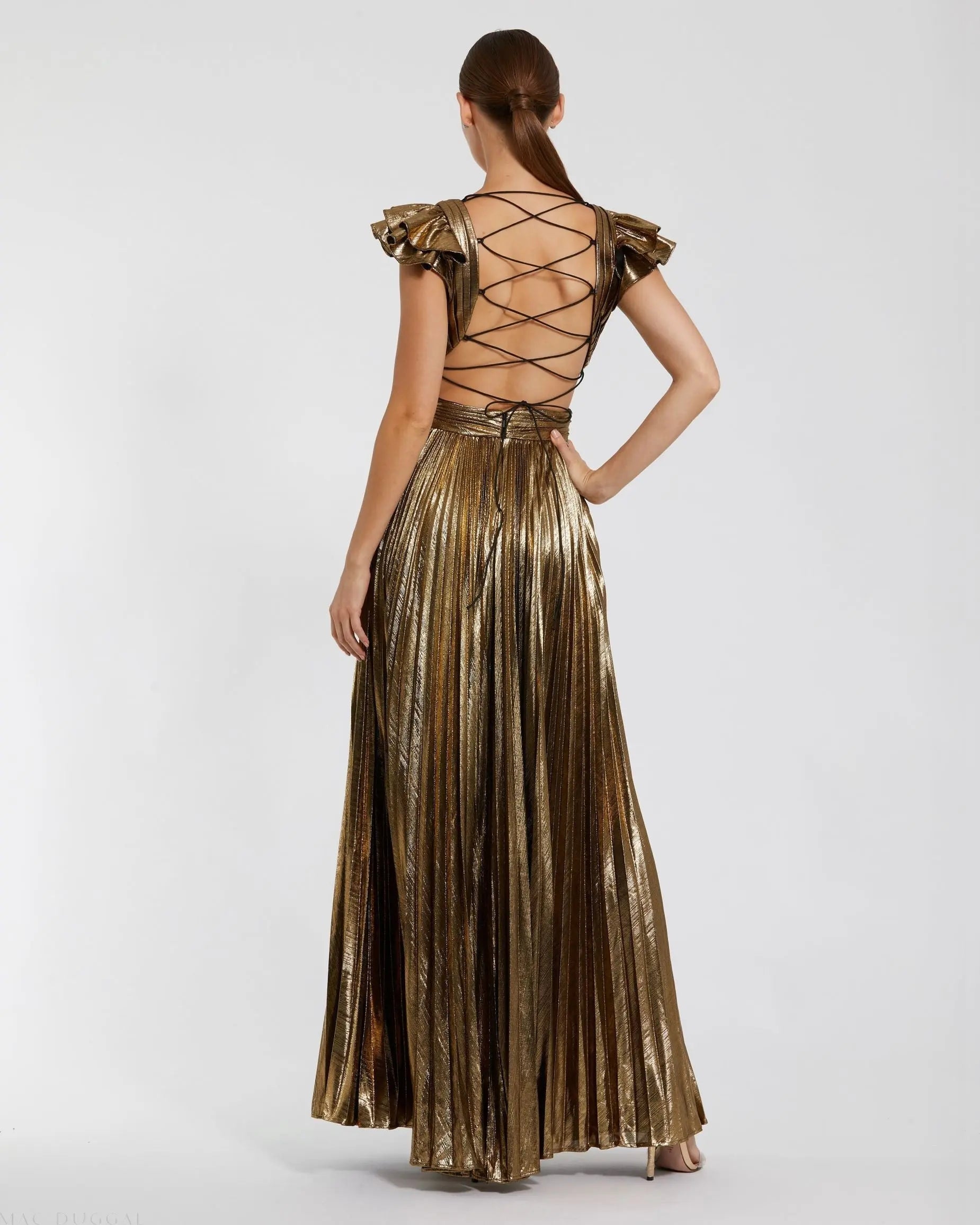 Gold Ruffle Sleeve Cutout Pleated Metallic Gown