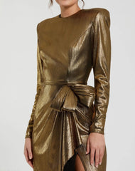 Gold Metallic Long Sleeve Gown With Bow
