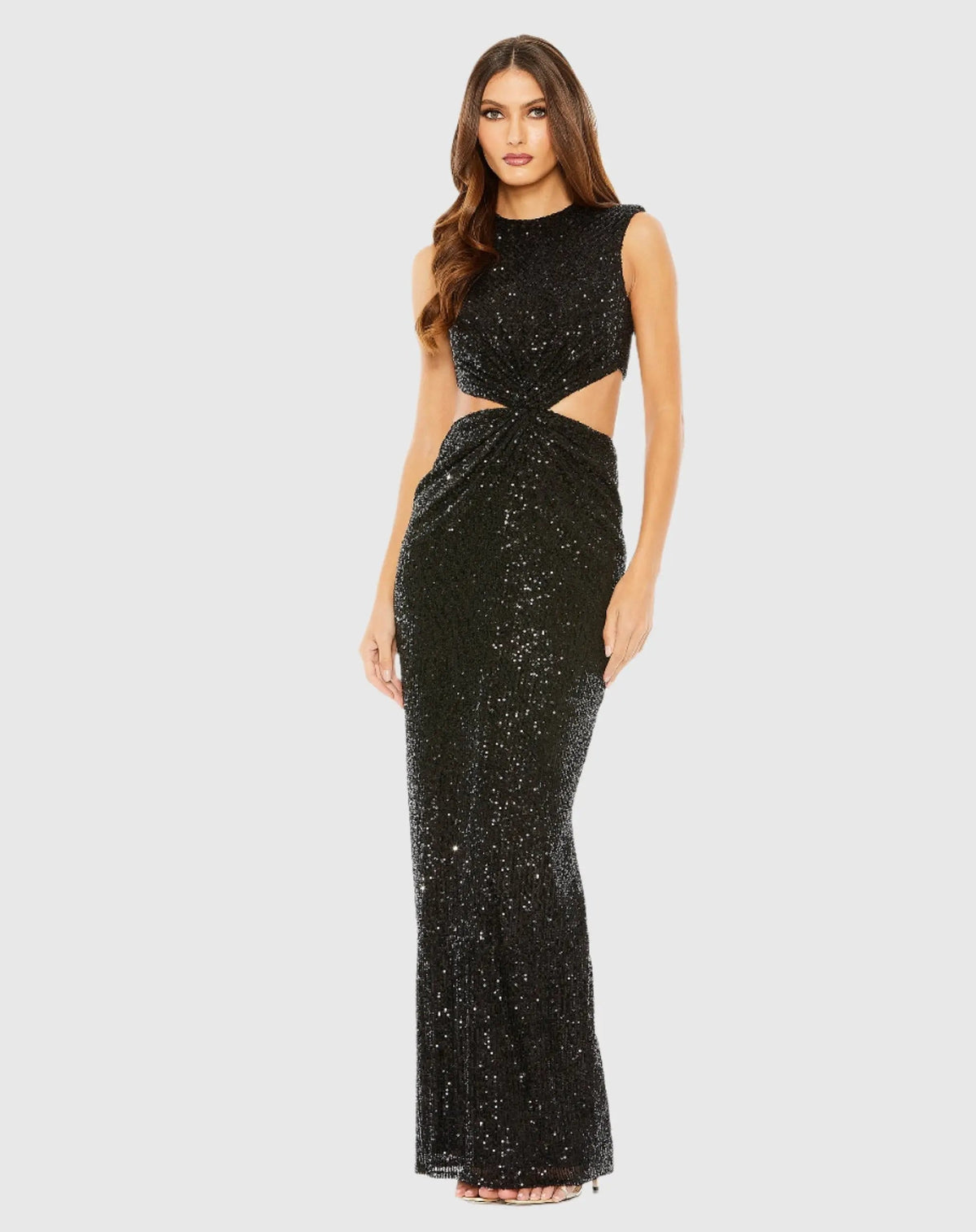 Black Sequin Twist Cut Out Open Back Gown
