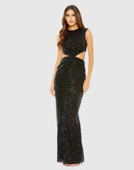 Black Sequin Twist Cut Out Open Back Gown