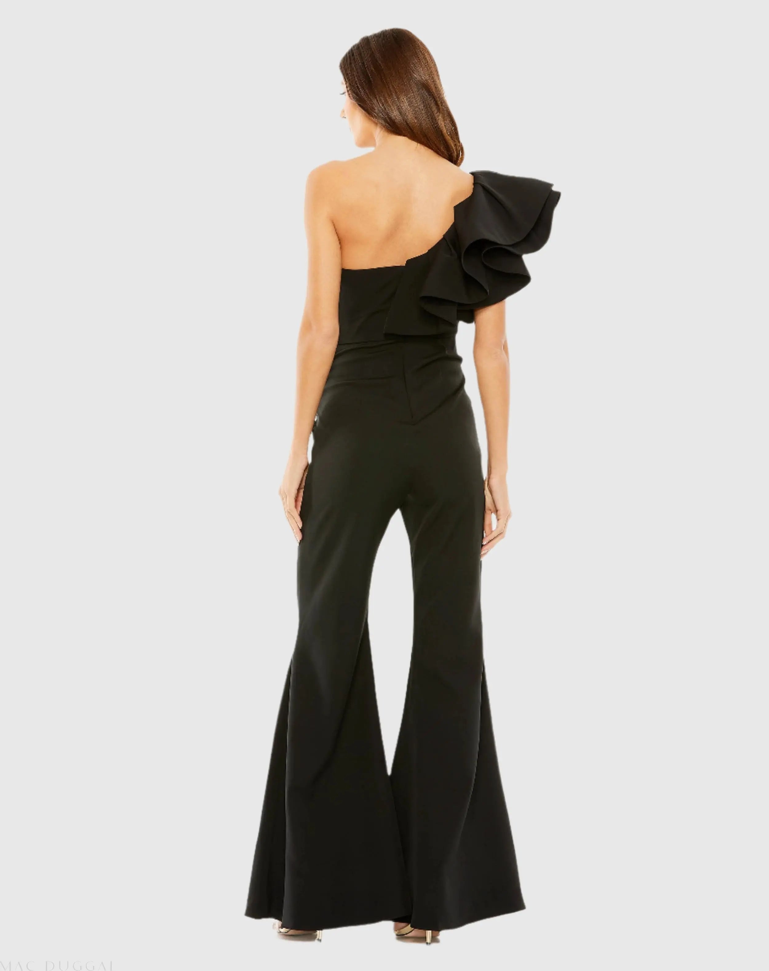 Black One Shoulder Ruffle Detail Flare Pant Jumpsuit