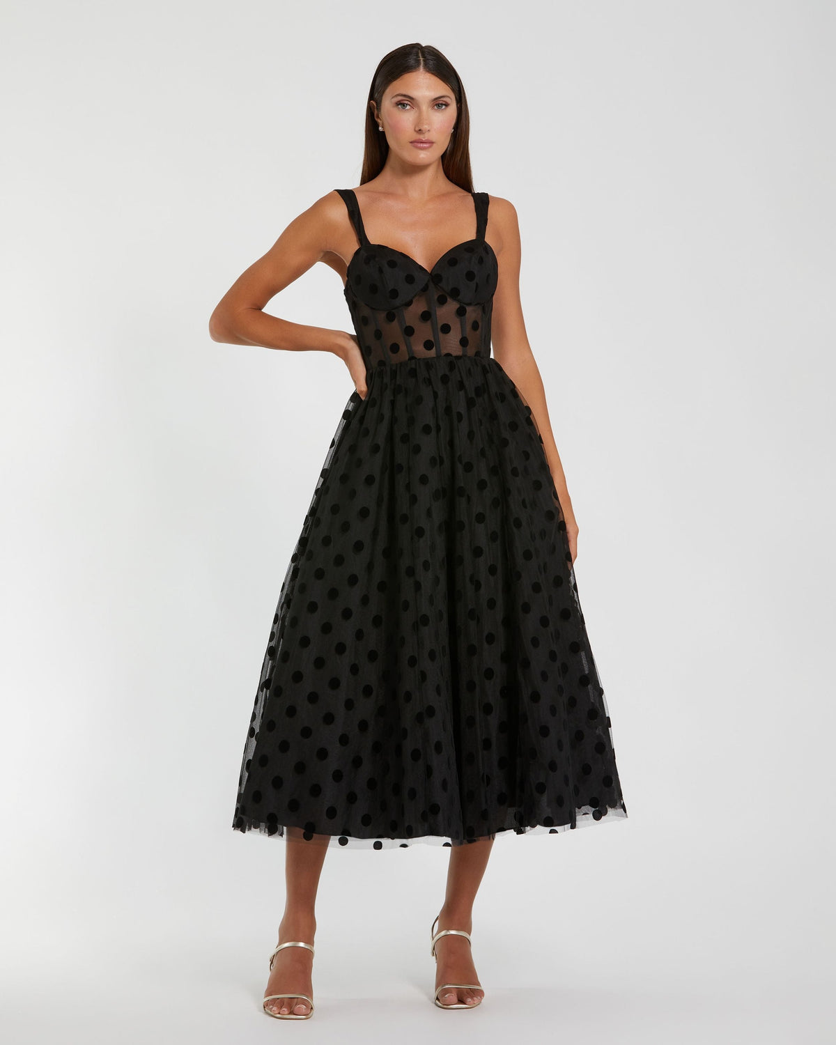 Black Polka Dot Net Bustier A-Line Midi Dress