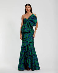 Blue and Green Strapless Brocade Fitted Gown With Oversized Bow