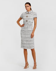 White Fitted Boucle  Short Sleeve Button Up Midi Dress