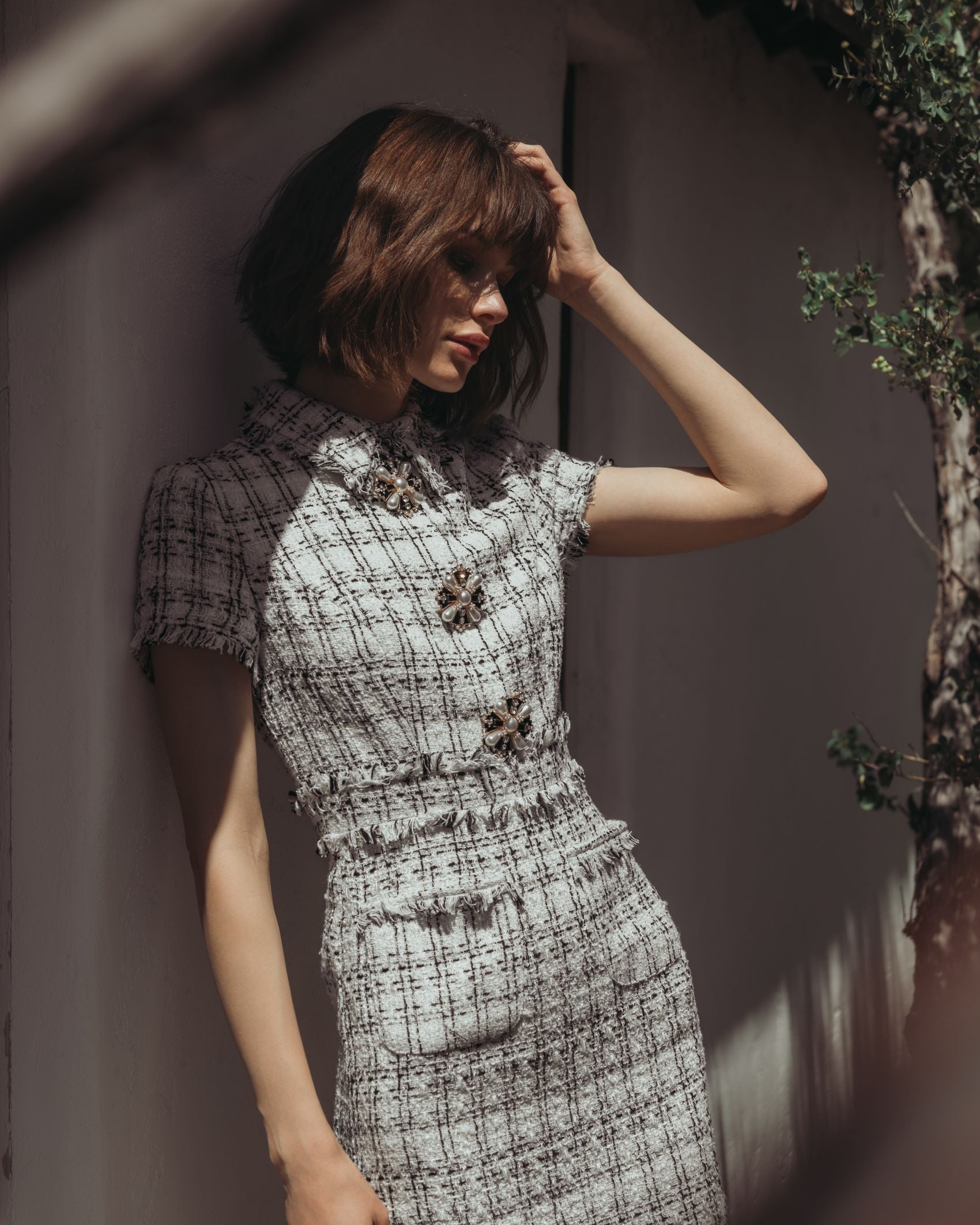 White Fitted Boucle  Short Sleeve Button Up Midi Dress