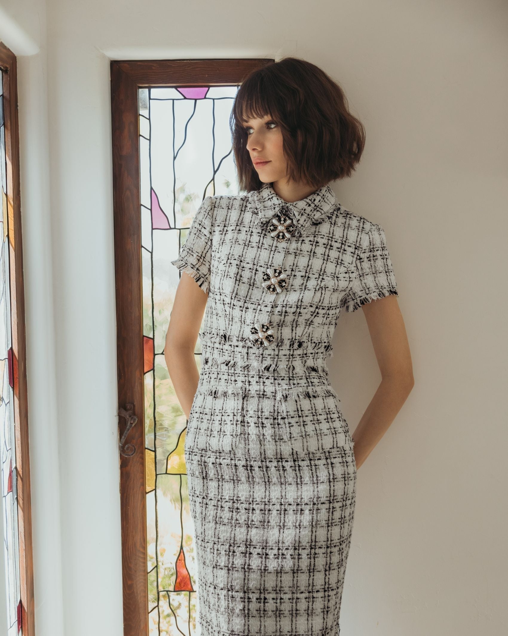 White Fitted Boucle  Short Sleeve Button Up Midi Dress