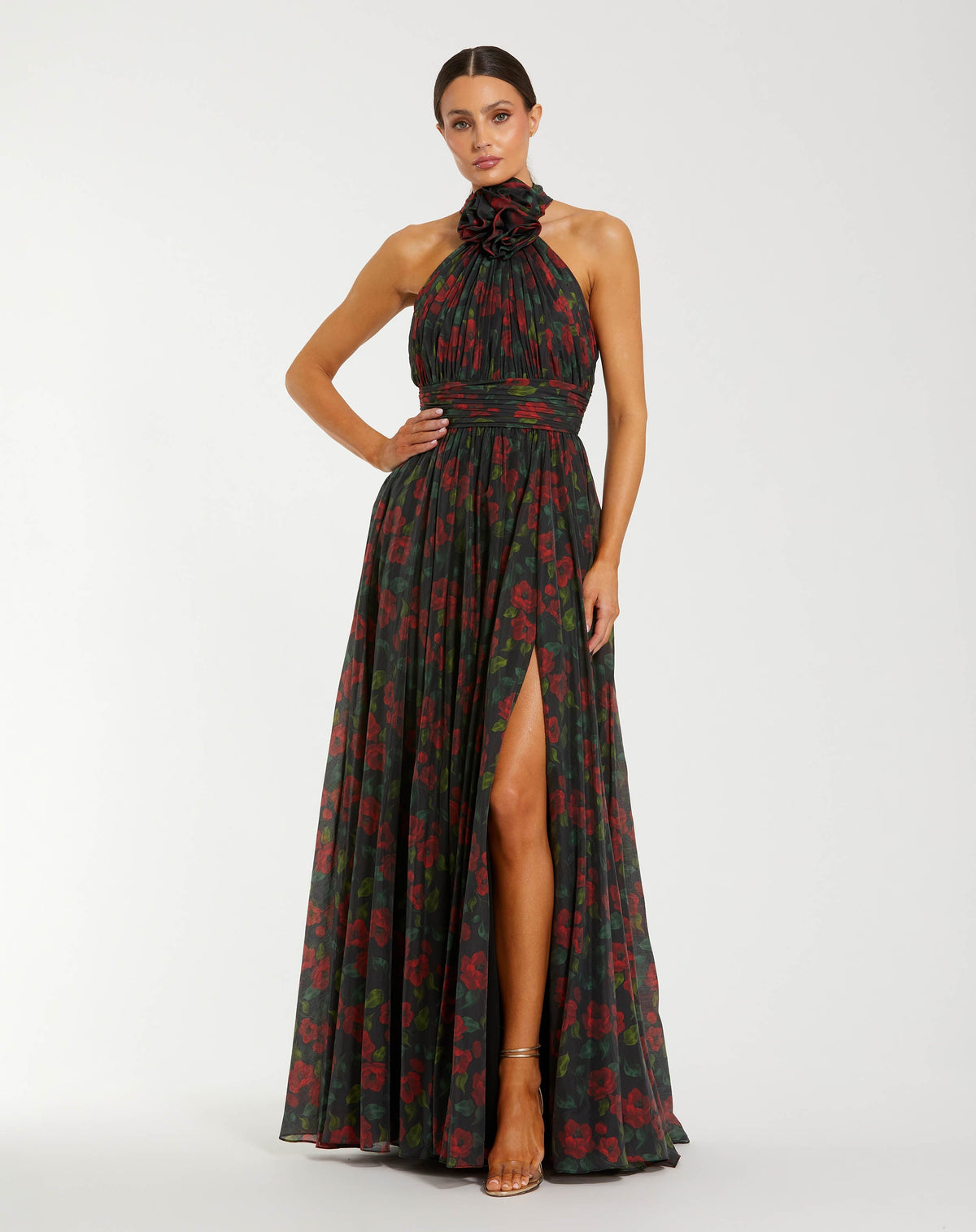 Black Floral Print Halter Neck Gown with Rosette