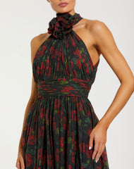 Black Floral Print Halter Neck Gown with Rosette