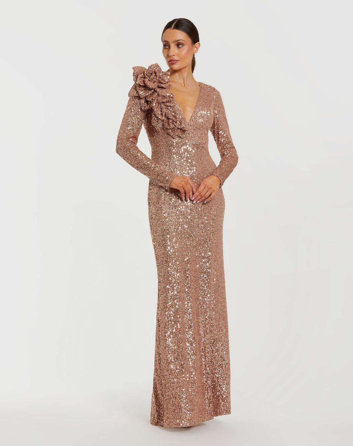Light Pink Long Sleeve V Neck Sequin Gown With 3D Flower