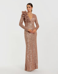 Light Pink Long Sleeve V Neck Sequin Gown With 3D Flower