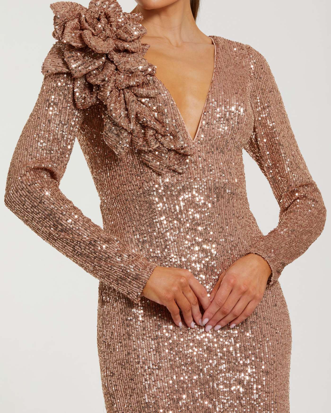 Light Pink Long Sleeve V Neck Sequin Gown With 3D Flower