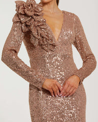 Light Pink Long Sleeve V Neck Sequin Gown With 3D Flower