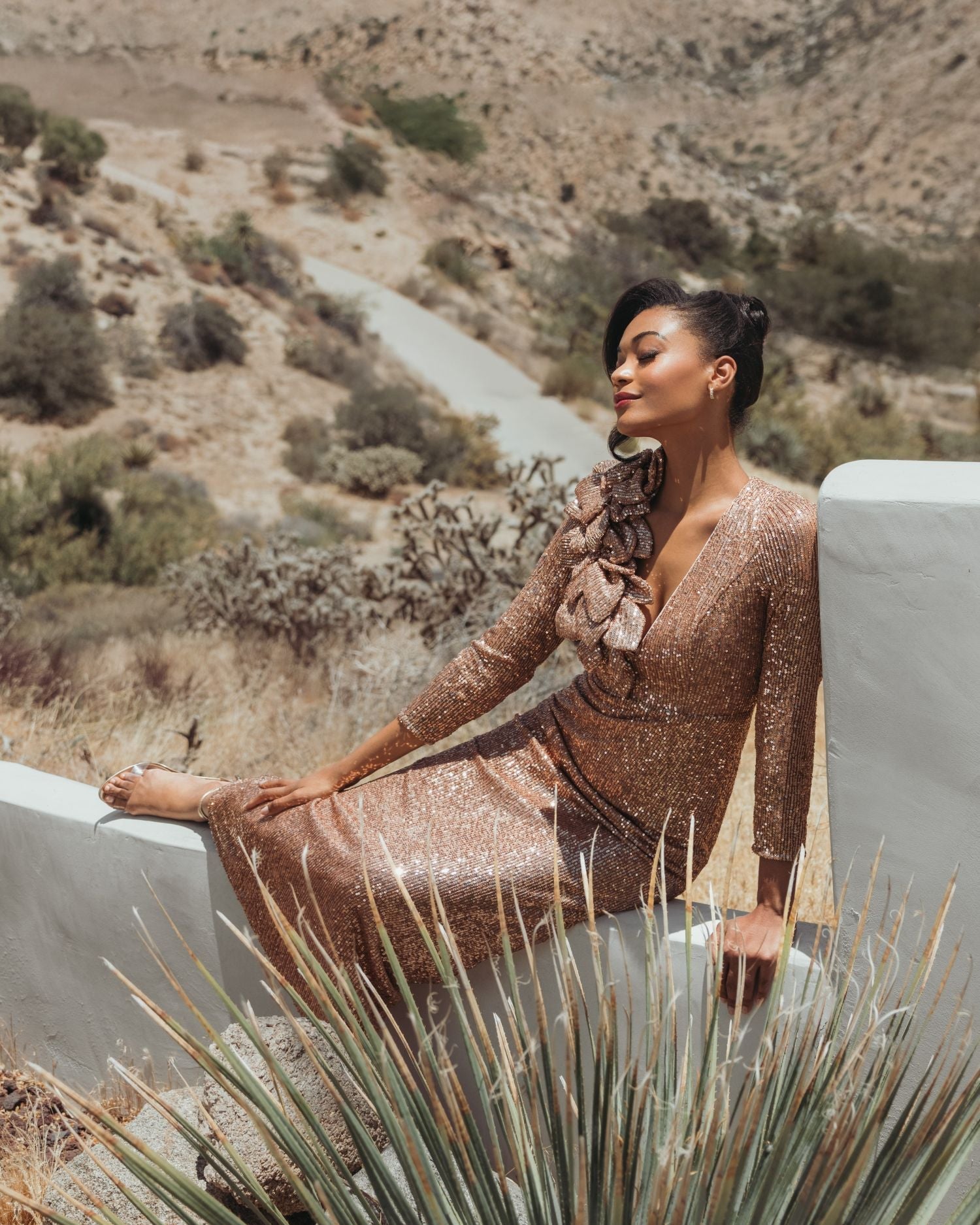 Light Pink Long Sleeve V Neck Sequin Gown With 3D Flower