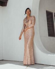 Light Pink Long Sleeve V Neck Sequin Gown With 3D Flower