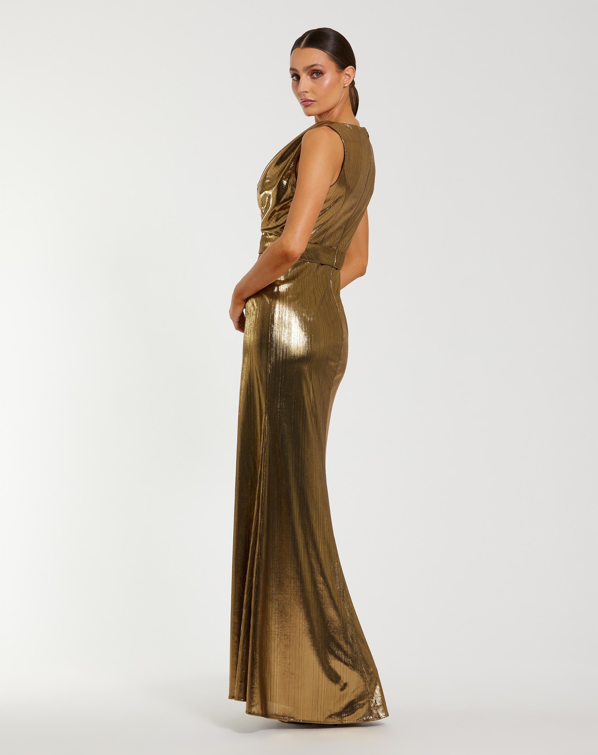 Gold Metallic Sleeveless Cowl Neck Trumpet Gown With Belt