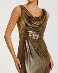 Gold Metallic Sleeveless Cowl Neck Trumpet Gown With Belt