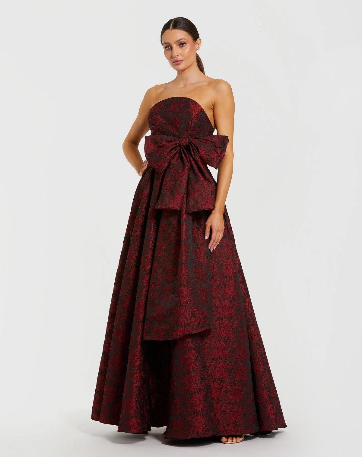Red Strapless Brocade Gown With Bow Detail