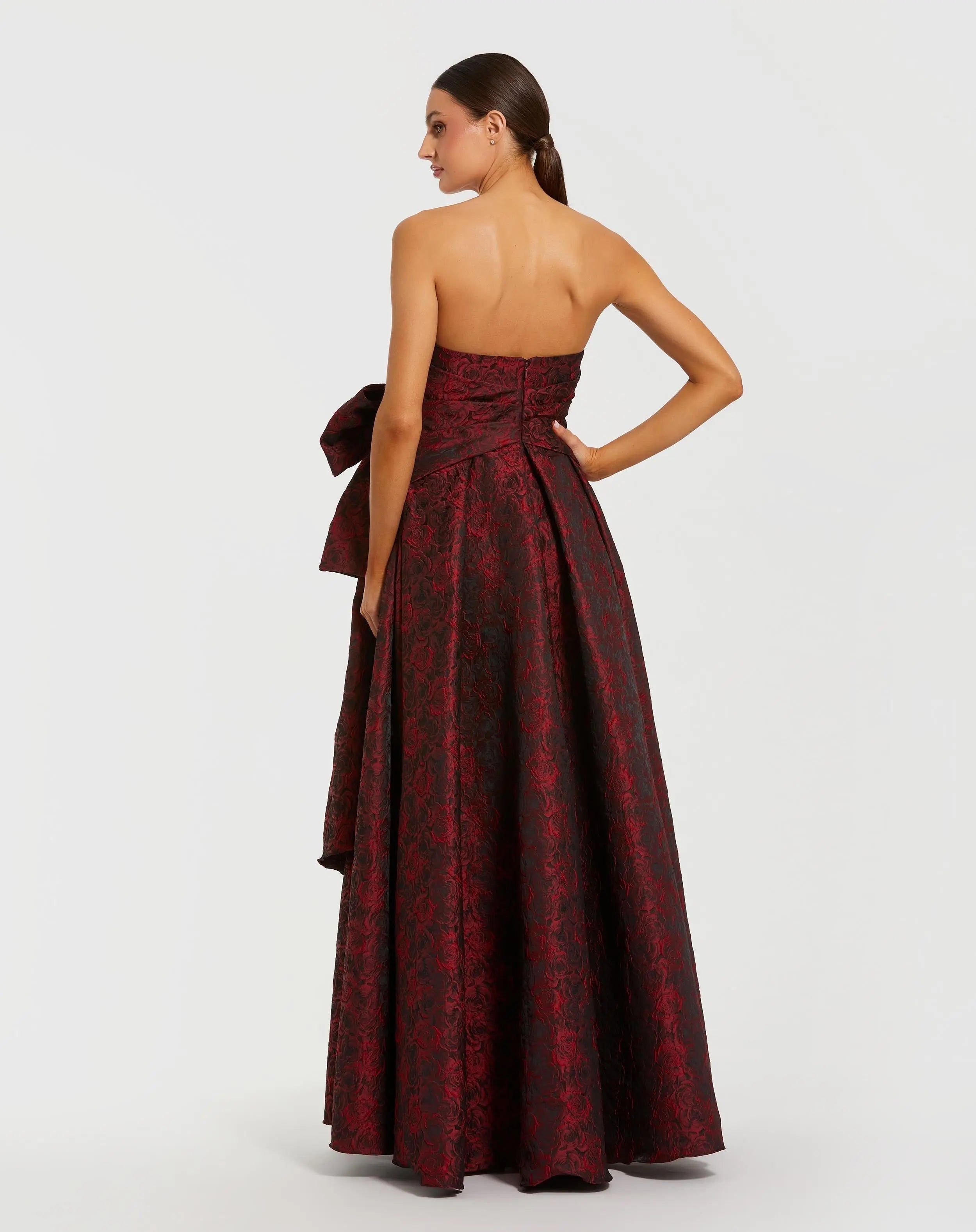 Red Strapless Brocade Gown With Bow Detail