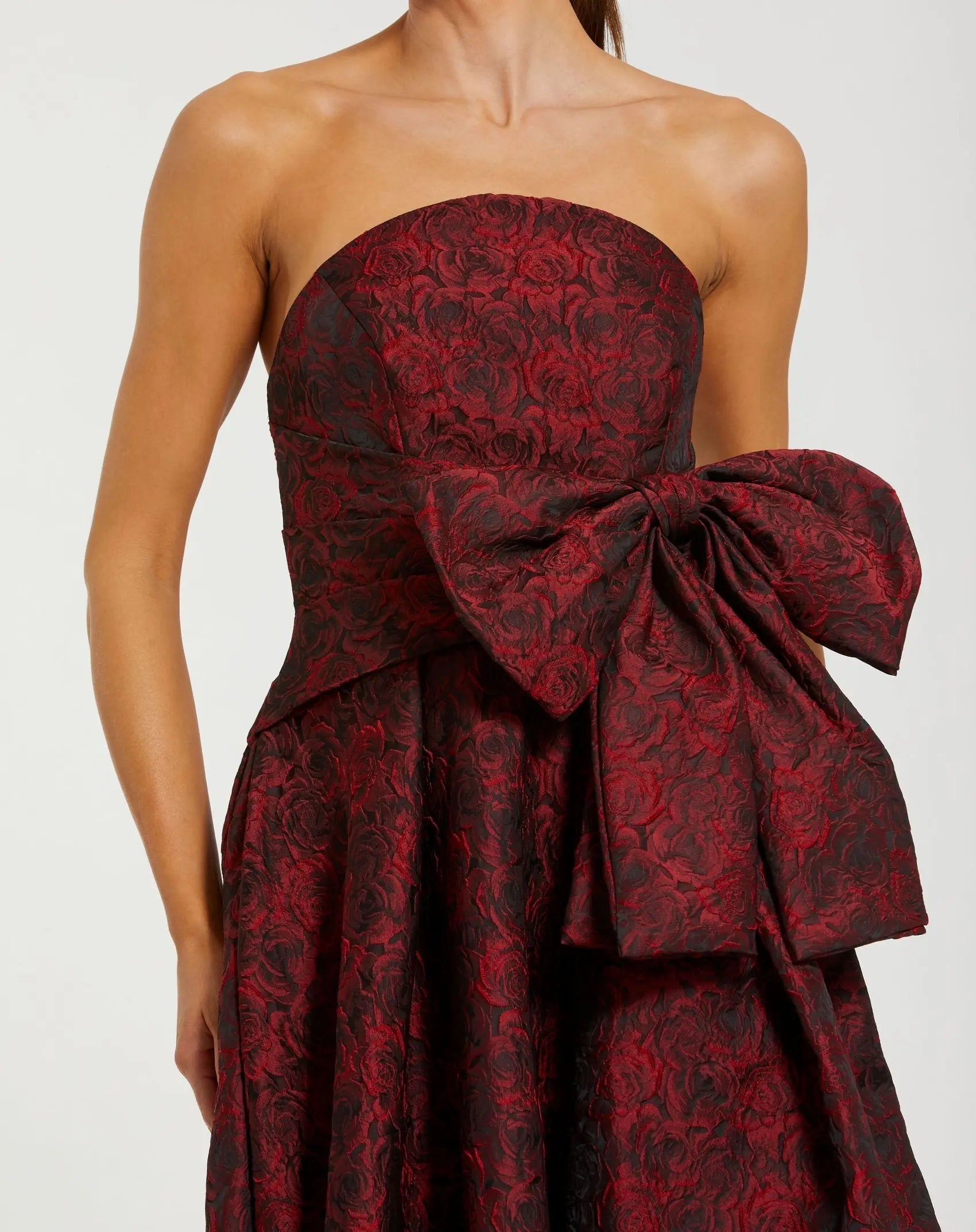 Red Strapless Brocade Gown With Bow Detail