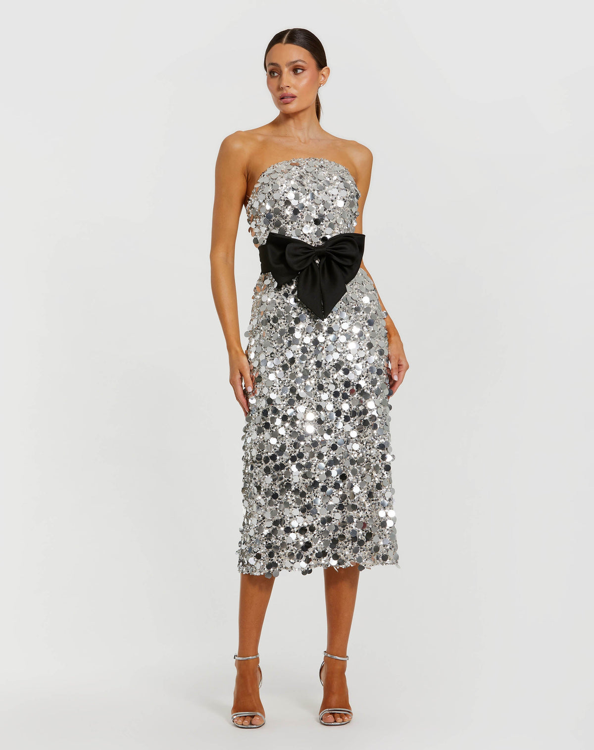 Silver Strapless Paillete Column Midi Dress With Bow
