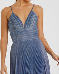 Blue Shimmer Pleated V-Neck Gown - FINAL SALE