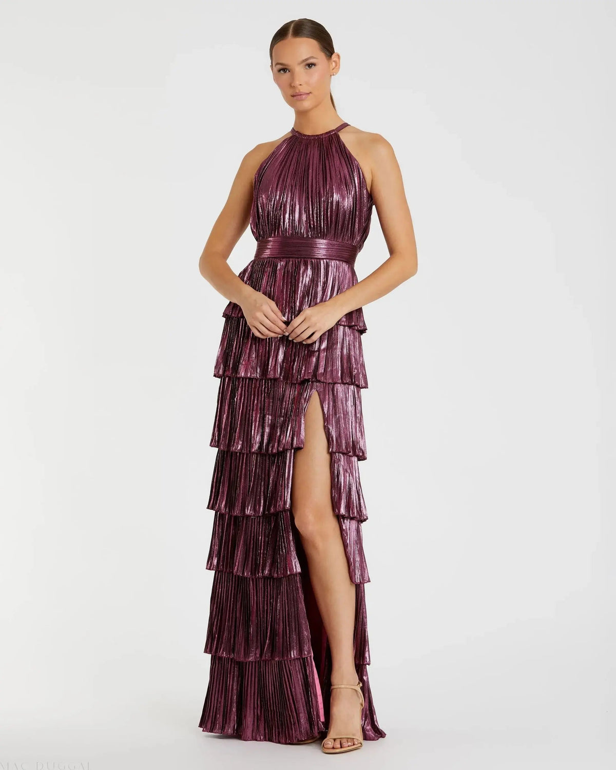 Purple High Neck Pleated Tiered Ruffle Metallic Gown